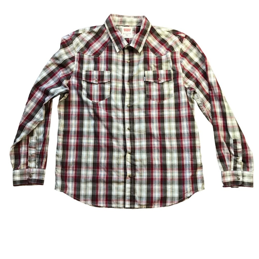 Levi's‎ Pearl Snap Button Down Shirt Men's XXL Plaid Long Sleeves Cotton Blend